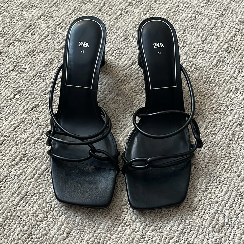 Zara Black Leather Strappy Block Heel Square Toe Mule Sandal Size 41 US 10 - Picture 4 of 11